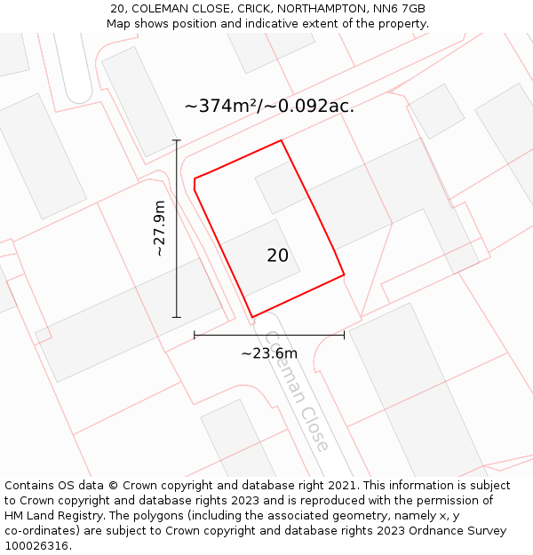 20, COLEMAN CLOSE, CRICK, NORTHAMPTON, NN6 7GB: Plot and title map