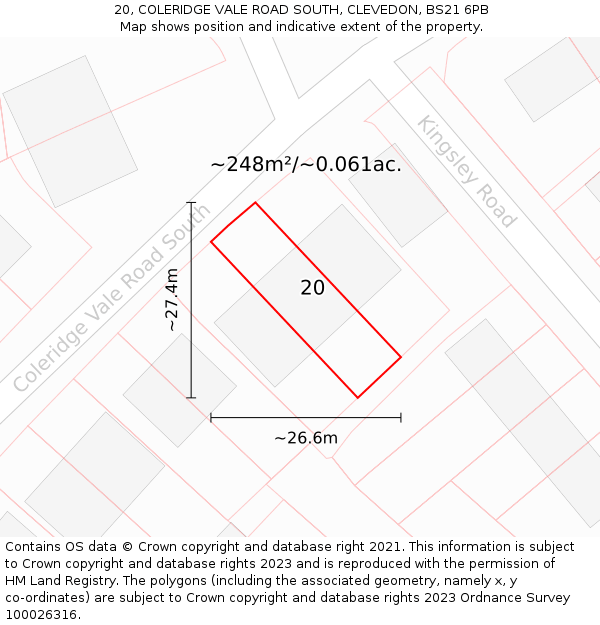 20, COLERIDGE VALE ROAD SOUTH, CLEVEDON, BS21 6PB: Plot and title map