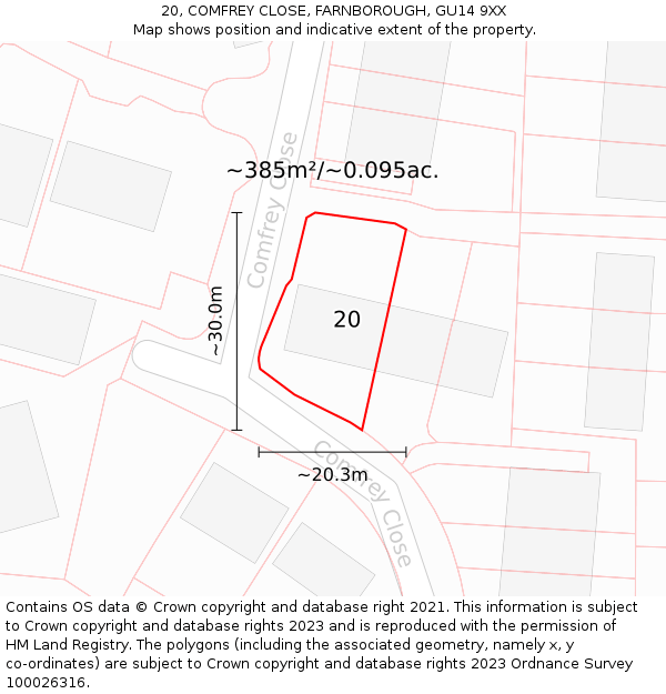 20, COMFREY CLOSE, FARNBOROUGH, GU14 9XX: Plot and title map