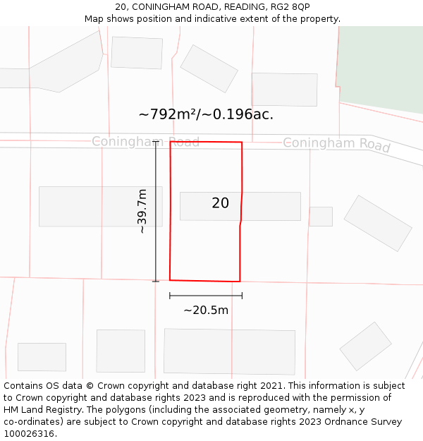 20, CONINGHAM ROAD, READING, RG2 8QP: Plot and title map