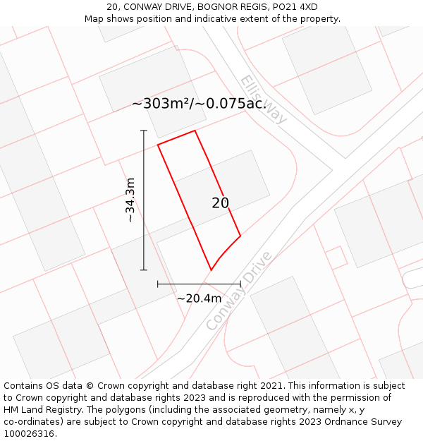 20, CONWAY DRIVE, BOGNOR REGIS, PO21 4XD: Plot and title map