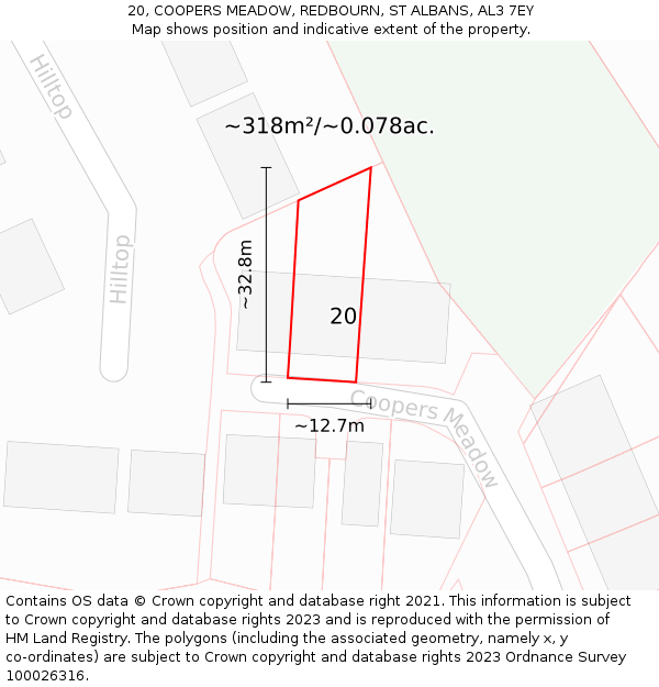 20, COOPERS MEADOW, REDBOURN, ST ALBANS, AL3 7EY: Plot and title map
