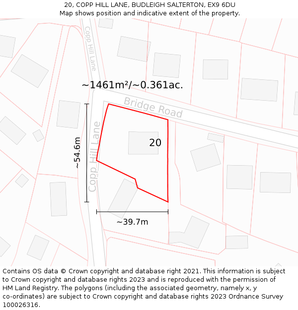 20, COPP HILL LANE, BUDLEIGH SALTERTON, EX9 6DU: Plot and title map