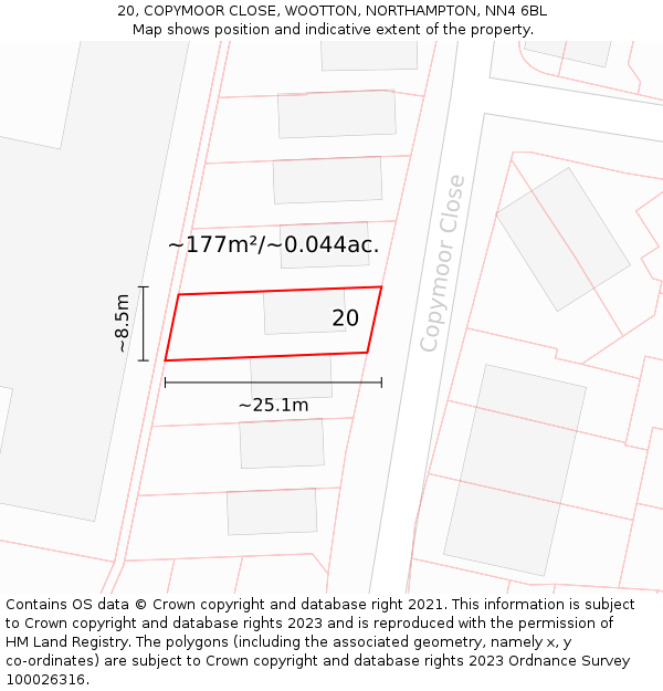 20, COPYMOOR CLOSE, WOOTTON, NORTHAMPTON, NN4 6BL: Plot and title map