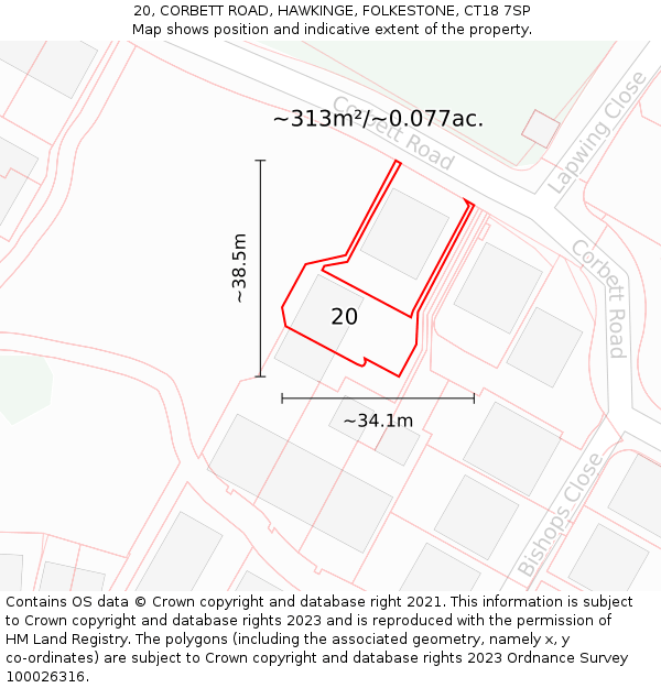 20, CORBETT ROAD, HAWKINGE, FOLKESTONE, CT18 7SP: Plot and title map