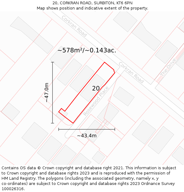 20, CORKRAN ROAD, SURBITON, KT6 6PN: Plot and title map