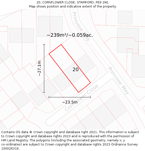 20, CORNFLOWER CLOSE, STAMFORD, PE9 2WL: Plot and title map