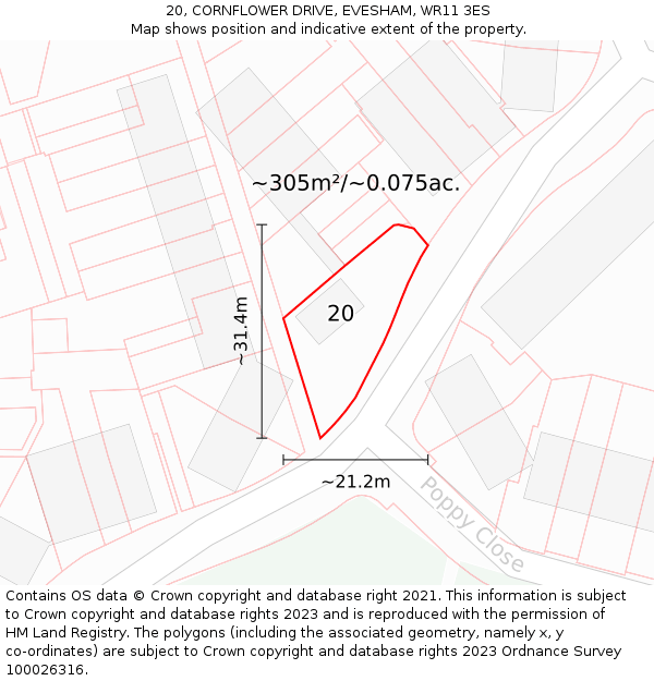 20, CORNFLOWER DRIVE, EVESHAM, WR11 3ES: Plot and title map