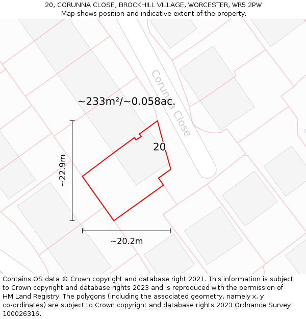 20, CORUNNA CLOSE, BROCKHILL VILLAGE, WORCESTER, WR5 2PW: Plot and title map
