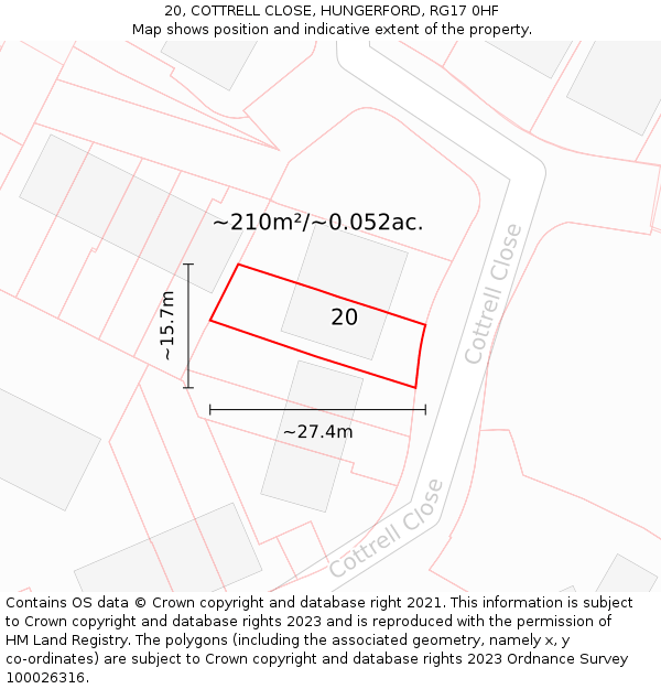 20, COTTRELL CLOSE, HUNGERFORD, RG17 0HF: Plot and title map