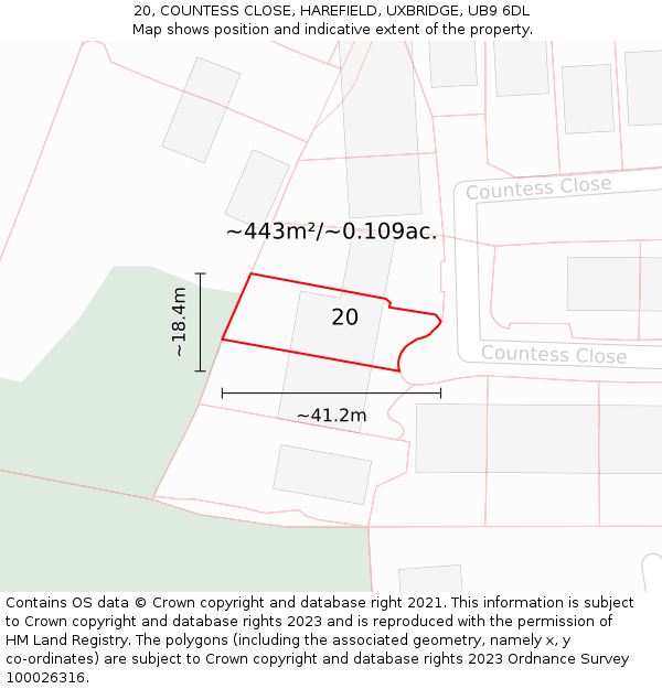 20, COUNTESS CLOSE, HAREFIELD, UXBRIDGE, UB9 6DL: Plot and title map