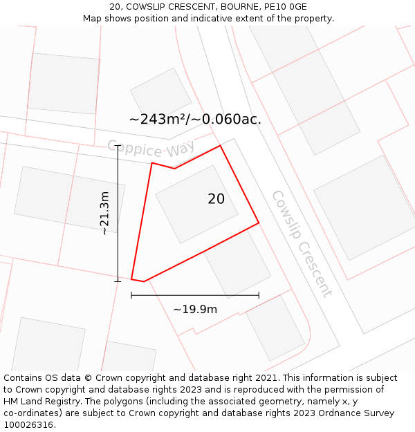 20, COWSLIP CRESCENT, BOURNE, PE10 0GE: Plot and title map