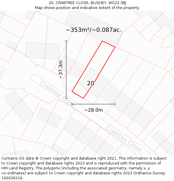 20, CRABTREE CLOSE, BUSHEY, WD23 3BJ: Plot and title map