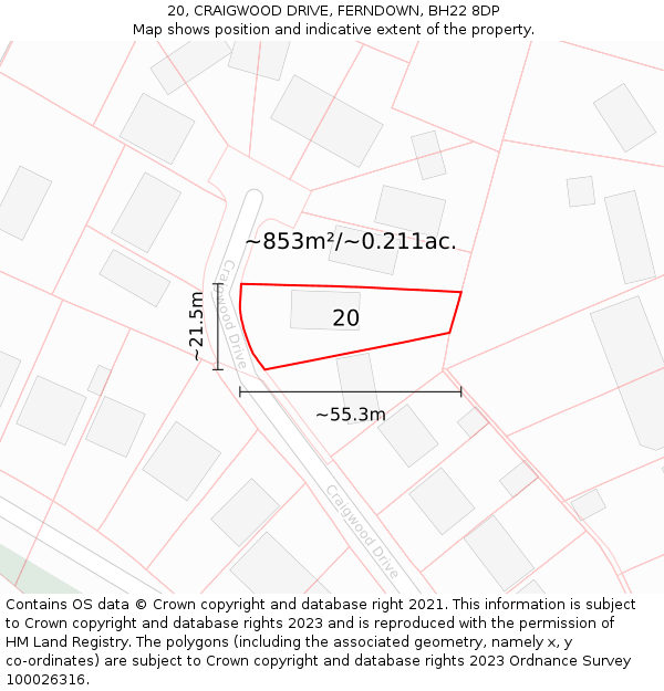 20, CRAIGWOOD DRIVE, FERNDOWN, BH22 8DP: Plot and title map