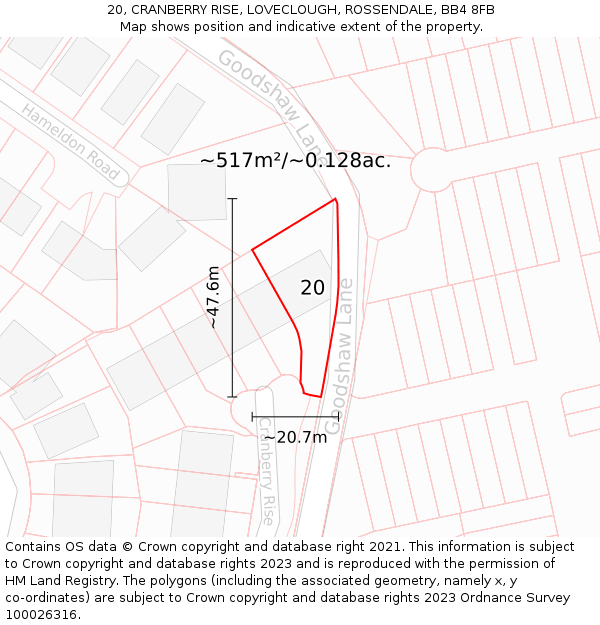 20, CRANBERRY RISE, LOVECLOUGH, ROSSENDALE, BB4 8FB: Plot and title map