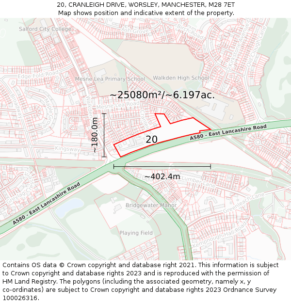 20, CRANLEIGH DRIVE, WORSLEY, MANCHESTER, M28 7ET: Plot and title map