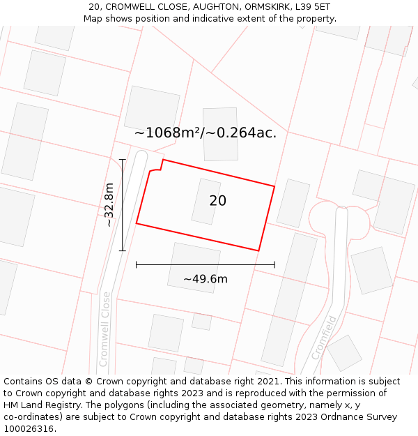 20, CROMWELL CLOSE, AUGHTON, ORMSKIRK, L39 5ET: Plot and title map