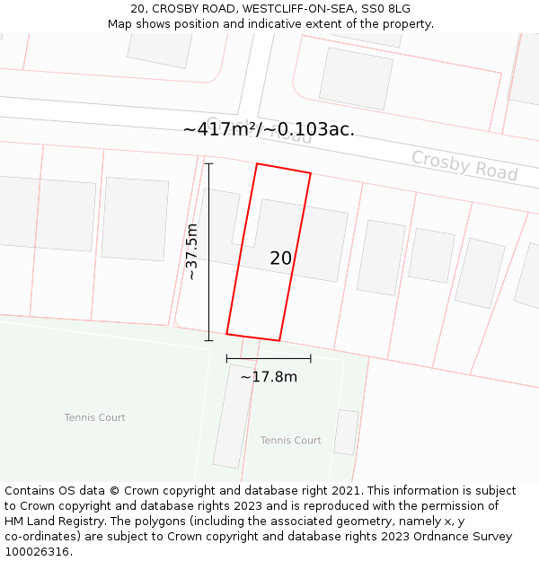 20, CROSBY ROAD, WESTCLIFF-ON-SEA, SS0 8LG: Plot and title map