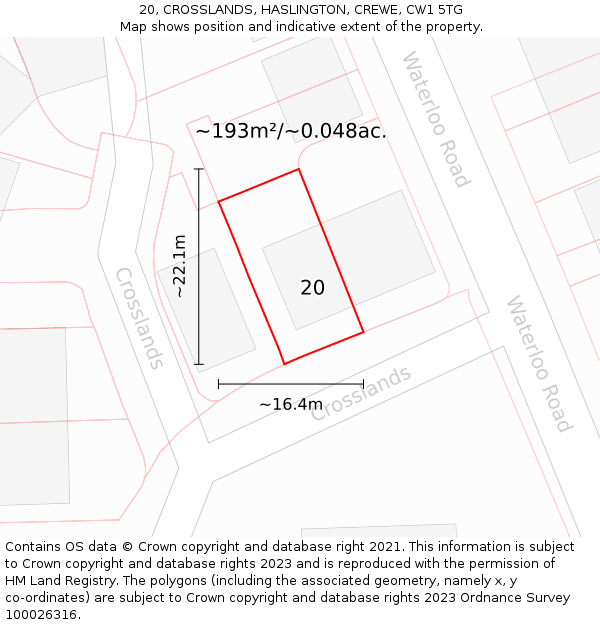 20, CROSSLANDS, HASLINGTON, CREWE, CW1 5TG: Plot and title map