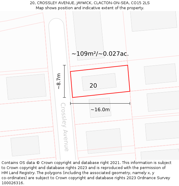 20, CROSSLEY AVENUE, JAYWICK, CLACTON-ON-SEA, CO15 2LS: Plot and title map