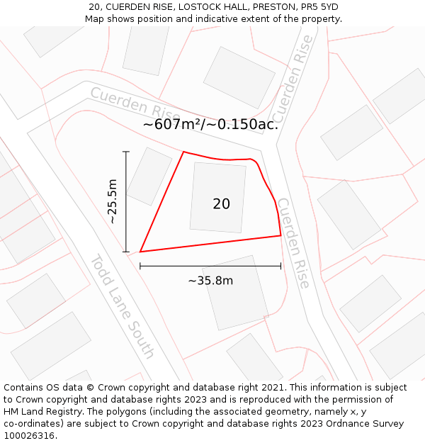 20, CUERDEN RISE, LOSTOCK HALL, PRESTON, PR5 5YD: Plot and title map