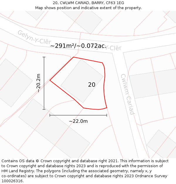 20, CWLWM CARIAD, BARRY, CF63 1EG: Plot and title map