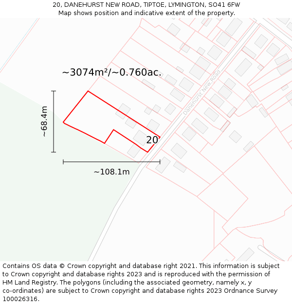 20, DANEHURST NEW ROAD, TIPTOE, LYMINGTON, SO41 6FW: Plot and title map