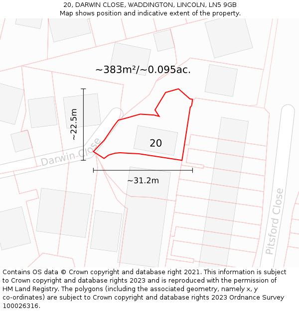 20, DARWIN CLOSE, WADDINGTON, LINCOLN, LN5 9GB: Plot and title map