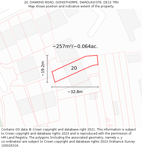 20, DAWKINS ROAD, DONISTHORPE, SWADLINCOTE, DE12 7RN: Plot and title map