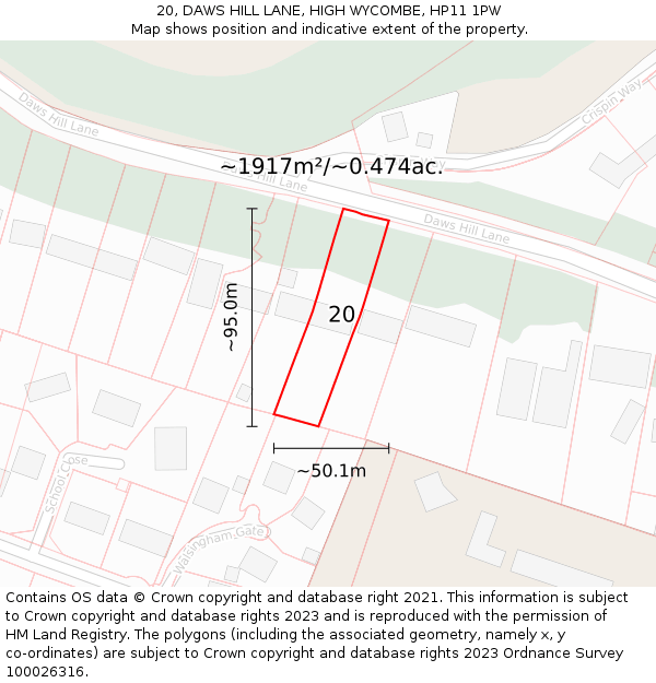 20, DAWS HILL LANE, HIGH WYCOMBE, HP11 1PW: Plot and title map