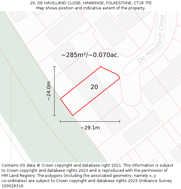 20, DE HAVILLAND CLOSE, HAWKINGE, FOLKESTONE, CT18 7FE: Plot and title map