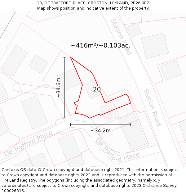 20, DE TRAFFORD PLACE, CROSTON, LEYLAND, PR26 9RZ: Plot and title map