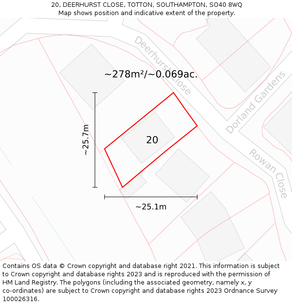 20, DEERHURST CLOSE, TOTTON, SOUTHAMPTON, SO40 8WQ: Plot and title map