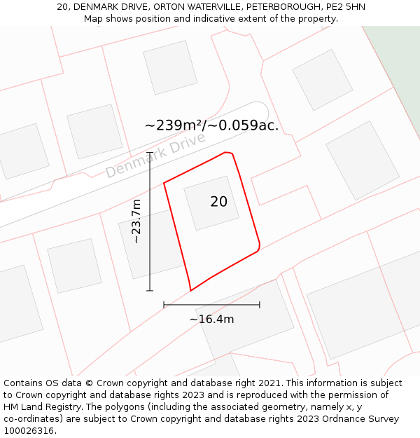 20, DENMARK DRIVE, ORTON WATERVILLE, PETERBOROUGH, PE2 5HN: Plot and title map