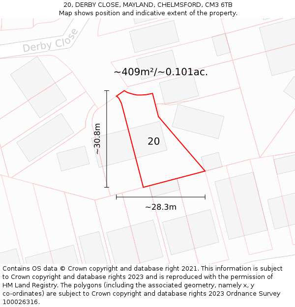 20, DERBY CLOSE, MAYLAND, CHELMSFORD, CM3 6TB: Plot and title map