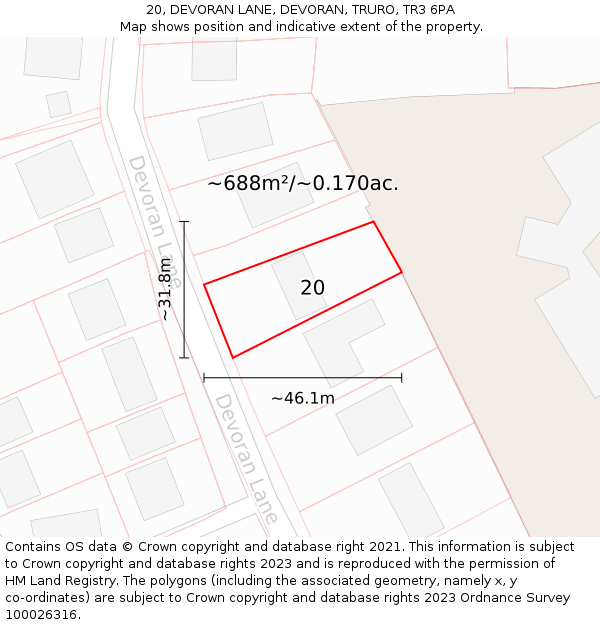 20, DEVORAN LANE, DEVORAN, TRURO, TR3 6PA: Plot and title map