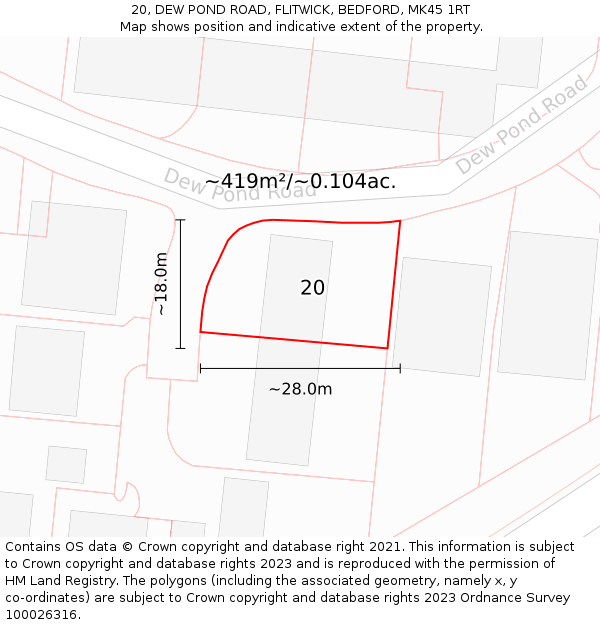 20, DEW POND ROAD, FLITWICK, BEDFORD, MK45 1RT: Plot and title map