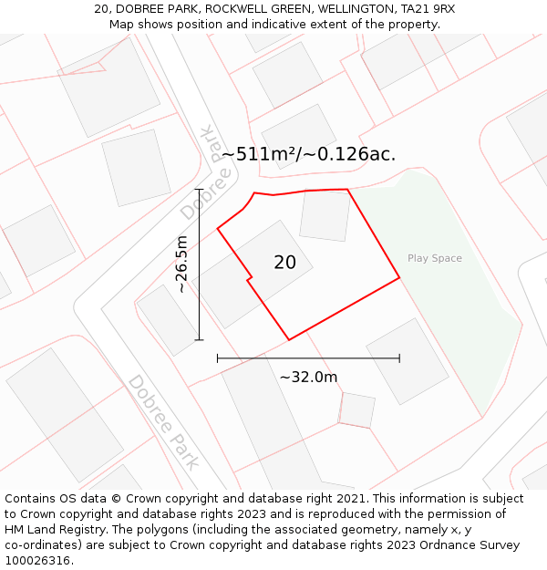 20, DOBREE PARK, ROCKWELL GREEN, WELLINGTON, TA21 9RX: Plot and title map