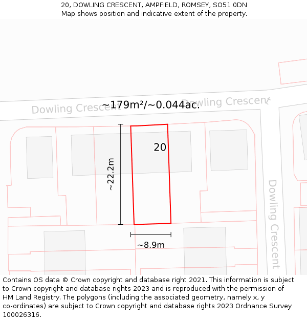 20, DOWLING CRESCENT, AMPFIELD, ROMSEY, SO51 0DN: Plot and title map