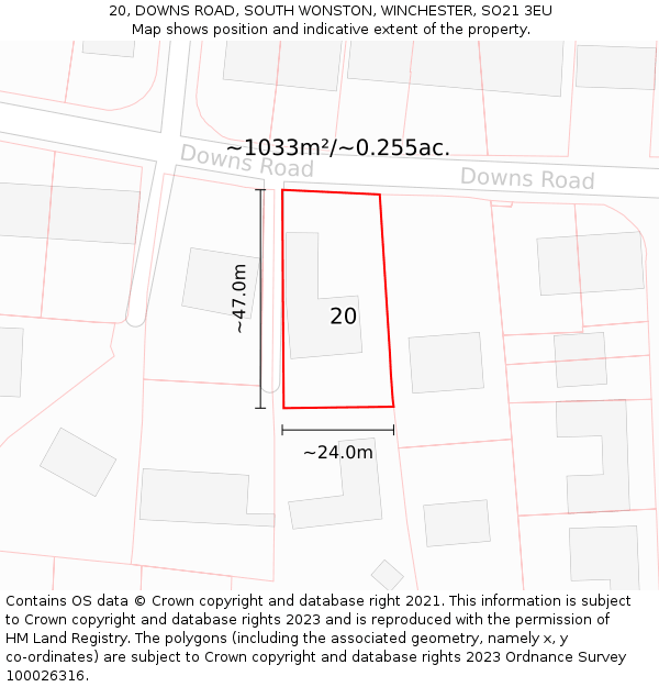 20, DOWNS ROAD, SOUTH WONSTON, WINCHESTER, SO21 3EU: Plot and title map
