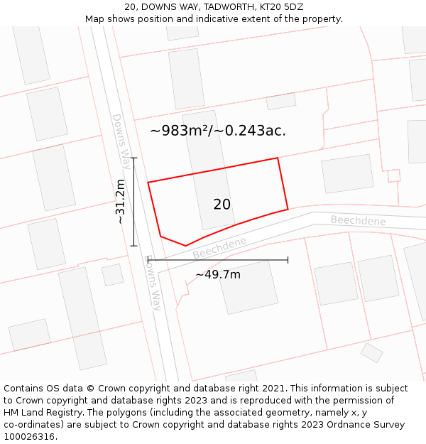 20, DOWNS WAY, TADWORTH, KT20 5DZ: Plot and title map