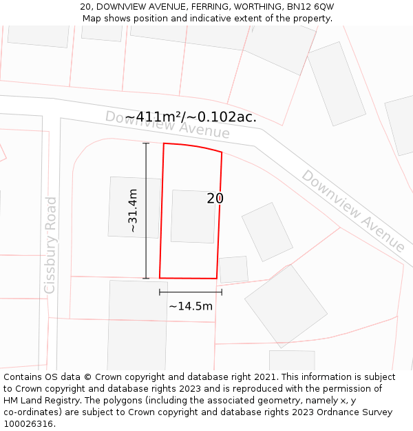 20, DOWNVIEW AVENUE, FERRING, WORTHING, BN12 6QW: Plot and title map