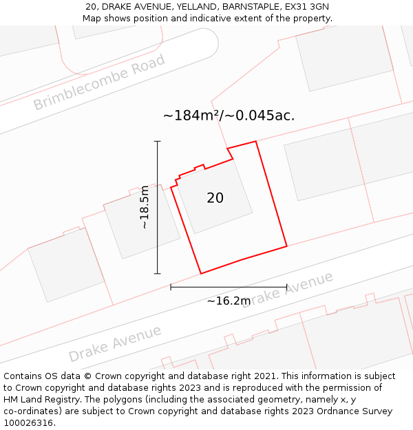 20, DRAKE AVENUE, YELLAND, BARNSTAPLE, EX31 3GN: Plot and title map