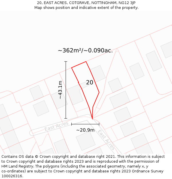 20, EAST ACRES, COTGRAVE, NOTTINGHAM, NG12 3JP: Plot and title map