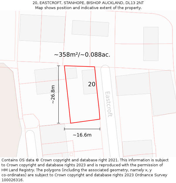 20, EASTCROFT, STANHOPE, BISHOP AUCKLAND, DL13 2NT: Plot and title map