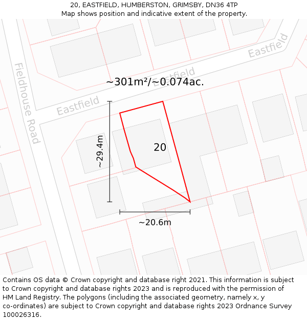 20, EASTFIELD, HUMBERSTON, GRIMSBY, DN36 4TP: Plot and title map