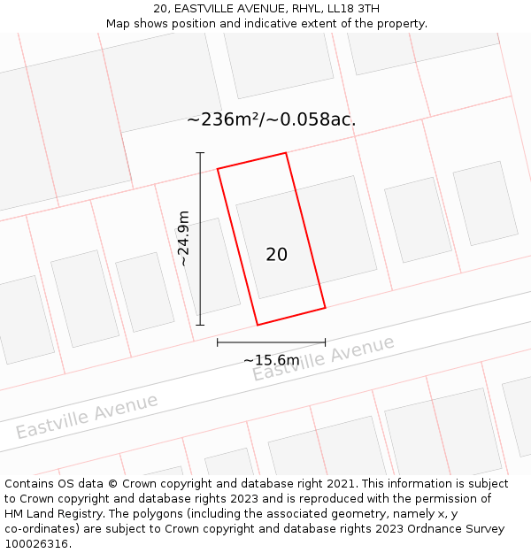 20, EASTVILLE AVENUE, RHYL, LL18 3TH: Plot and title map