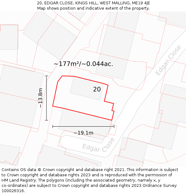 20, EDGAR CLOSE, KINGS HILL, WEST MALLING, ME19 4JE: Plot and title map
