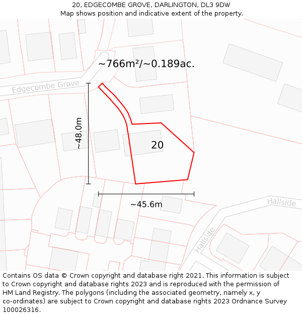 20, EDGECOMBE GROVE, DARLINGTON, DL3 9DW: Plot and title map