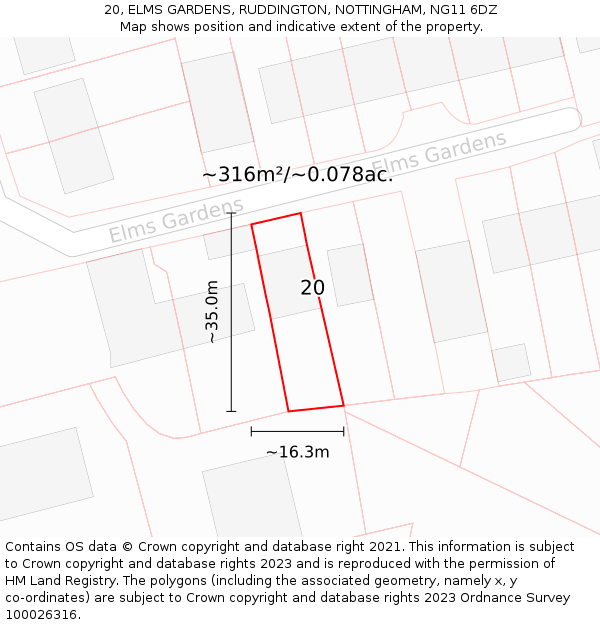 20, ELMS GARDENS, RUDDINGTON, NOTTINGHAM, NG11 6DZ: Plot and title map